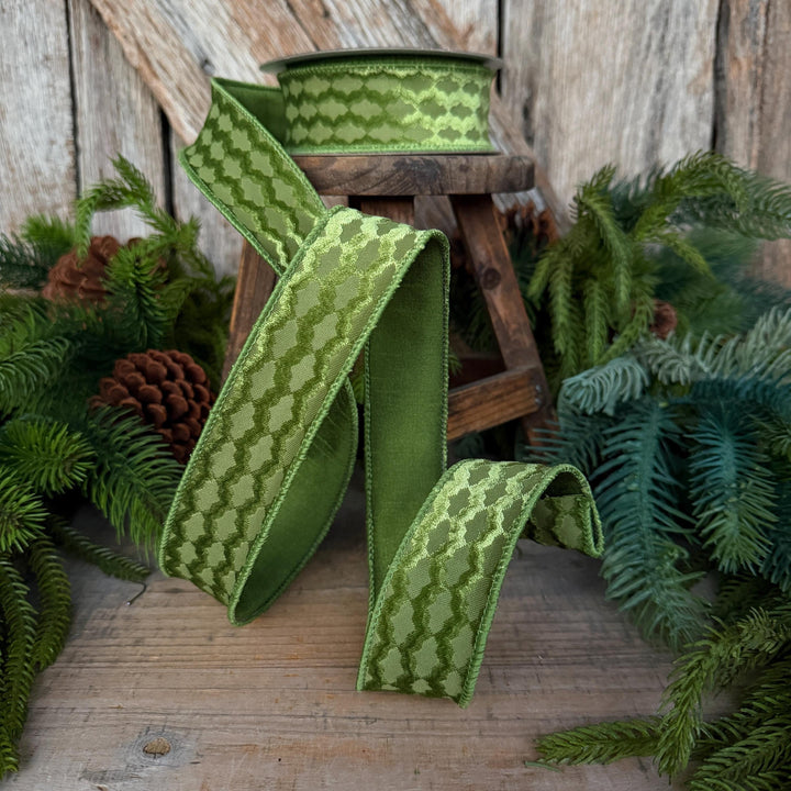 1.5" Forest Green Velvet Ribbon, Farrisilk Ribbon, Christmas Ribbon, Geometric Pattern Ribbon, RS305-45