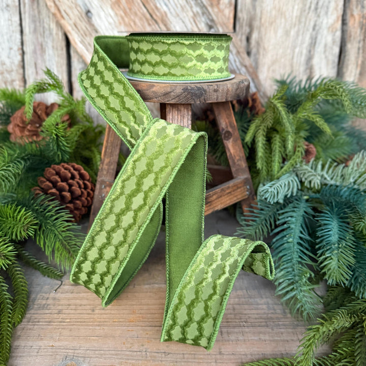 1.5" Forest Green Velvet Ribbon, Farrisilk Ribbon, Christmas Ribbon, Geometric Pattern Ribbon, RS305-45