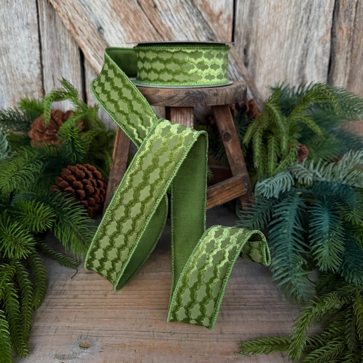 1.5" Forest Green Velvet Ribbon, Farrisilk Ribbon, Christmas Ribbon, Geometric Pattern Ribbon, RS305-45