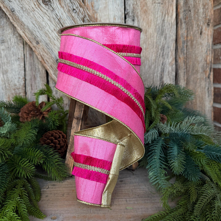 4" Pink Fringe Ribbon, Farrisilk Ribbon, Christmas Ribbon, Velvety Fringe Ribbon, RK920-74