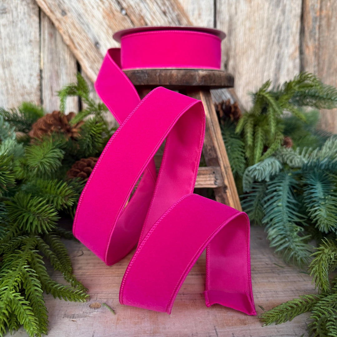 1.5" Hot Pink Velvet Ribbon, Farrisilk Ribbon, Pink Vivid Velvet Ribbon