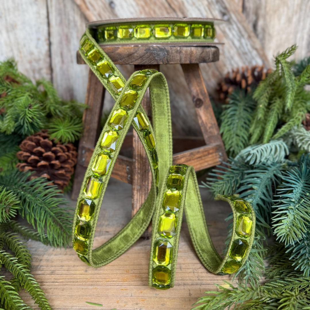 1" Lime Green Emerald Cut Ribbon, Christmas Ribbon, Jeweled Ribbon