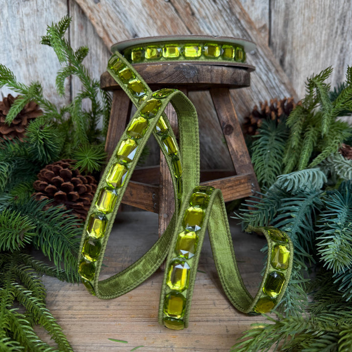 1" Lime Green Emerald Cut Ribbon, Christmas Ribbon, Jeweled Ribbon, Farrisilk Ribbon, Moss Green, RJ017-61