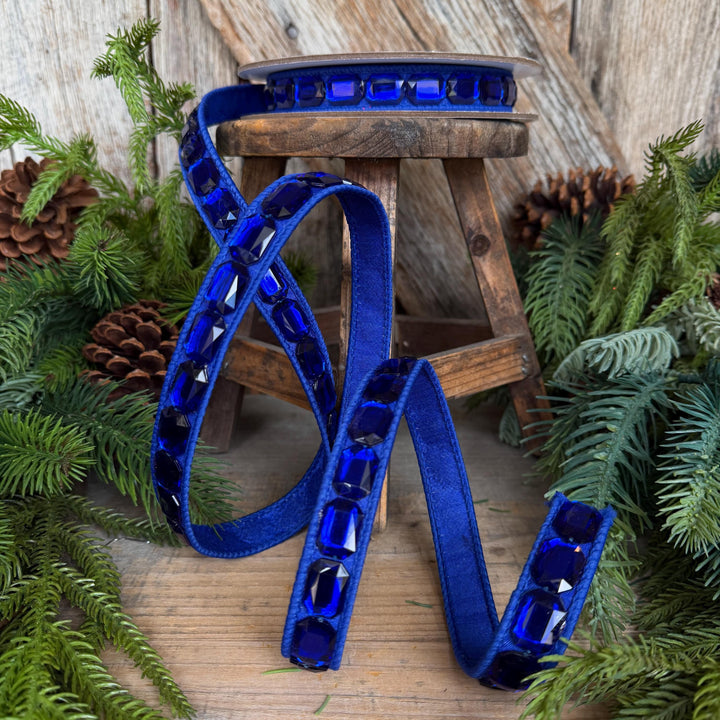 1" Blue Emerald Cut Jeweled Ribbon, Christmas Ribbon, Jeweled Ribbon