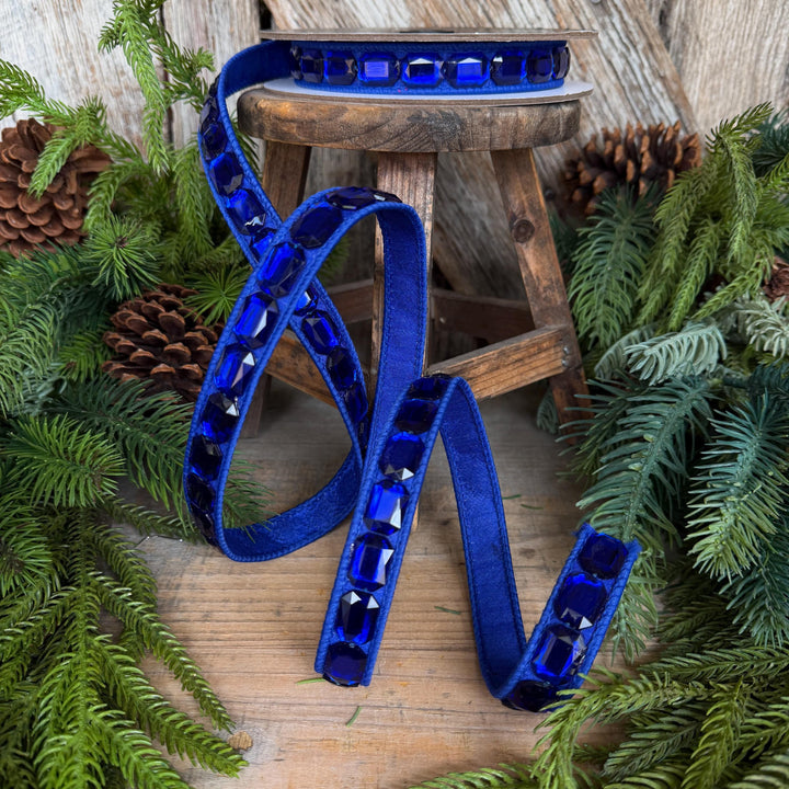 1" Blue Emerald Cut Jeweled Ribbon, Christmas Ribbon, Jeweled Ribbon, Farrisilk Ribbon, RJ017-25