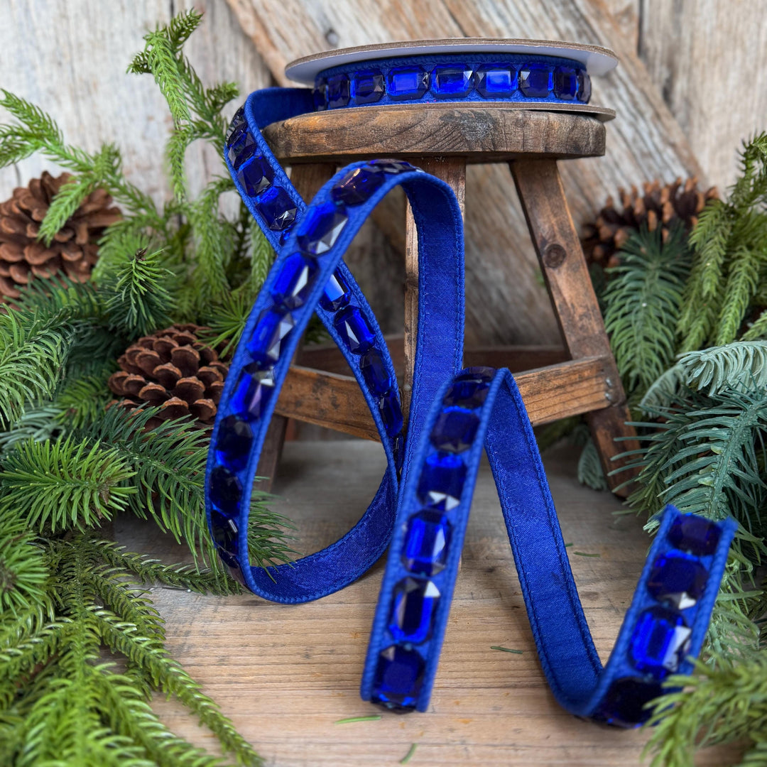 1" Blue Emerald Cut Jeweled Ribbon, Christmas Ribbon, Jeweled Ribbon