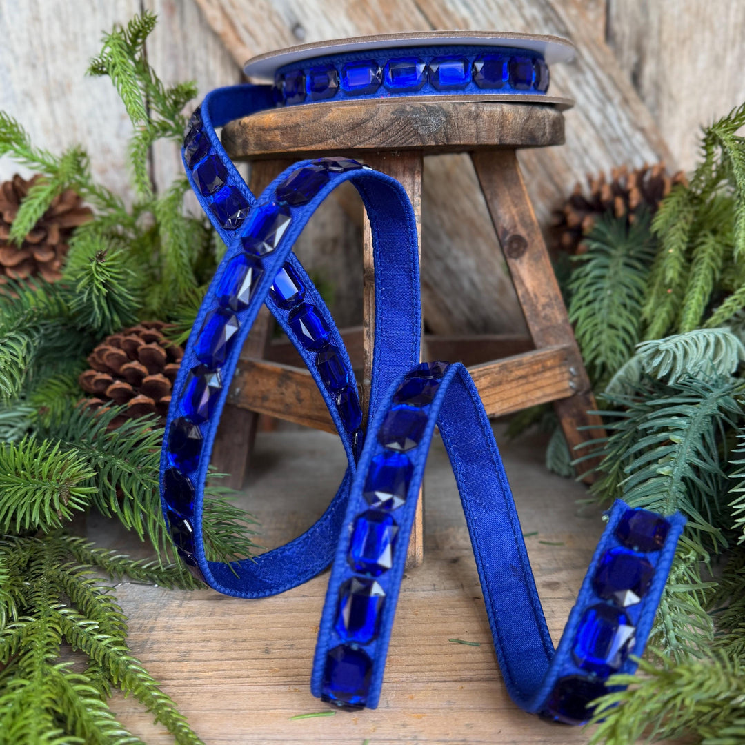 1" Blue Emerald Cut Jeweled Ribbon, Christmas Ribbon, Jeweled Ribbon