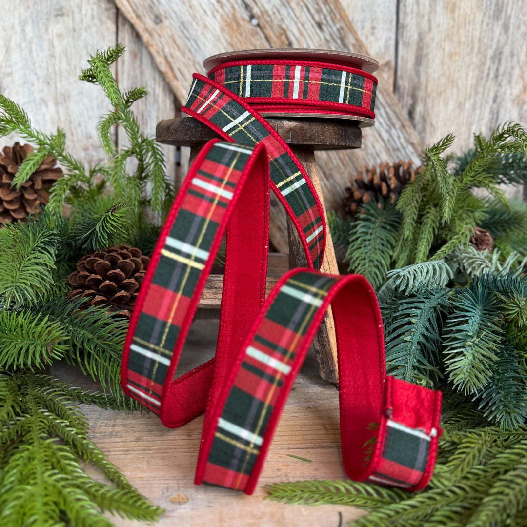 1" Red Green Plaid Ribbon, Farrisilk Ribbon