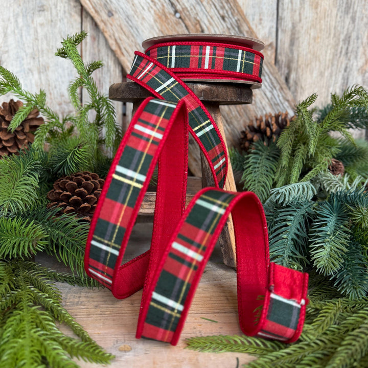 1" Red Green Plaid Ribbon, Farrisilk Ribbon