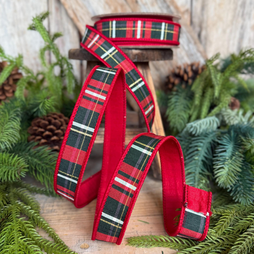 1" Red Green Plaid Ribbon, Farrisilk Ribbon, Christmas Plaid Ribbon