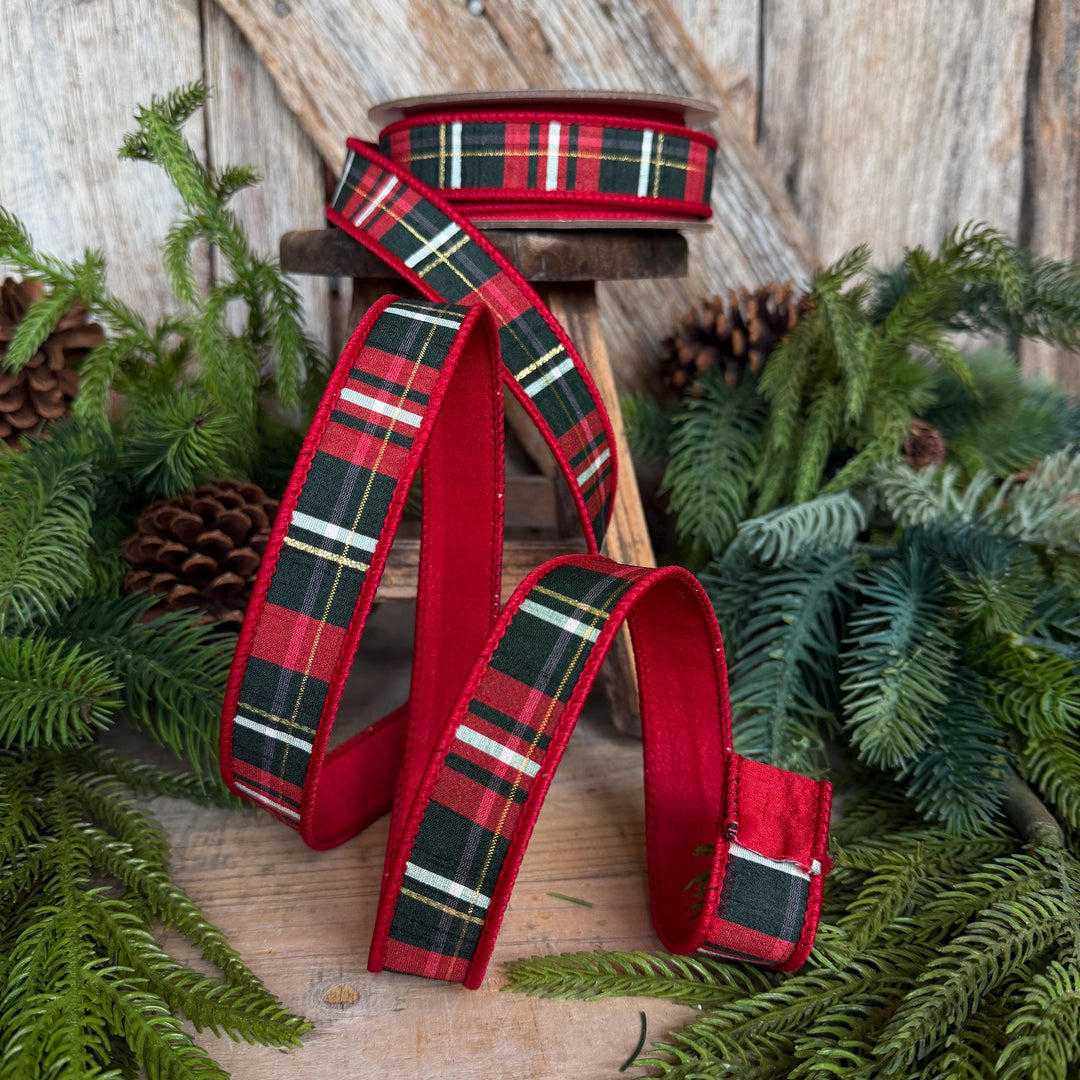 1" Red Green Plaid Ribbon, Farrisilk Ribbon, Christmas Plaid Ribbon, RM001-29