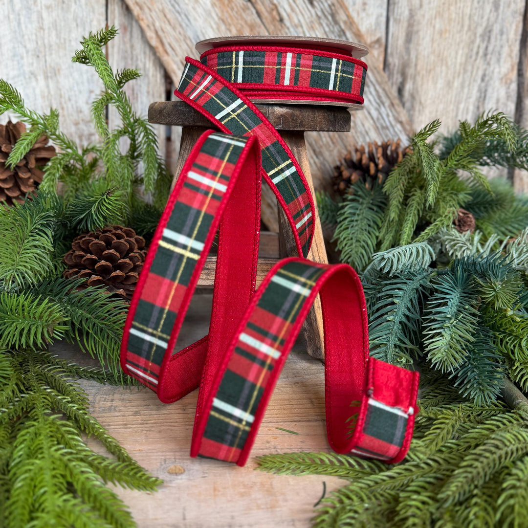 1" Red Green Plaid Ribbon, Farrisilk Ribbon, Christmas Plaid Ribbon, RM001-29