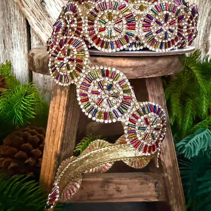 1.25" Jeweled Beaded Ribbon, Farrisilk Pinwheel Ribbon, Multi colored Ribbon, Christmas Ribbon, RK931-32