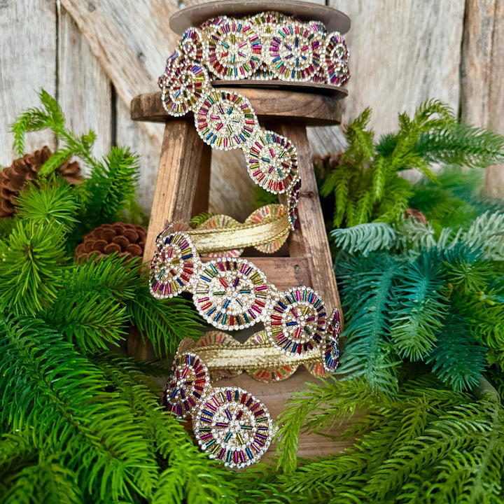 1.25" Jeweled Beaded Ribbon, Farrisilk Pinwheel Ribbon, Multi colored Ribbon, Christmas Ribbon, RK931-32