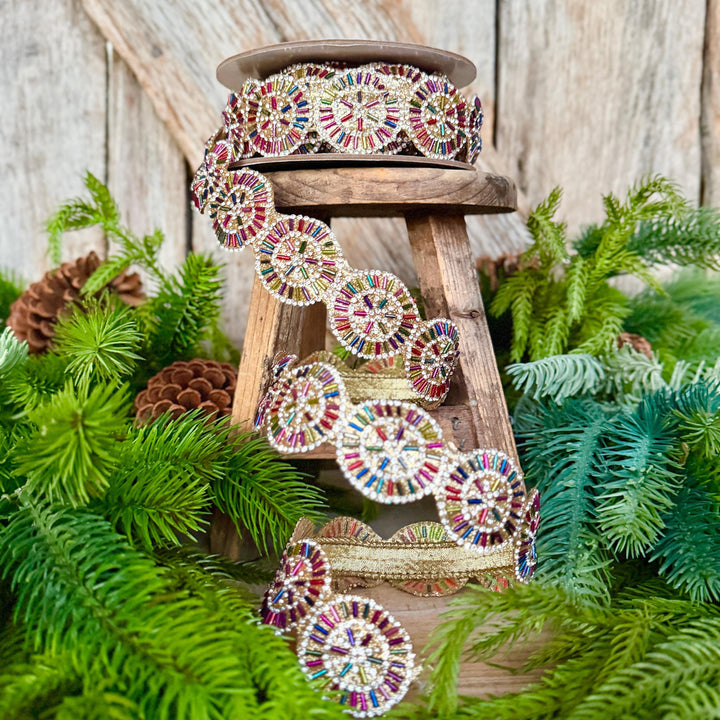 1.25" Jeweled Beaded Ribbon, Farrisilk Pinwheel Ribbon, Multi colored Ribbon, Christmas Ribbon, RK931-32