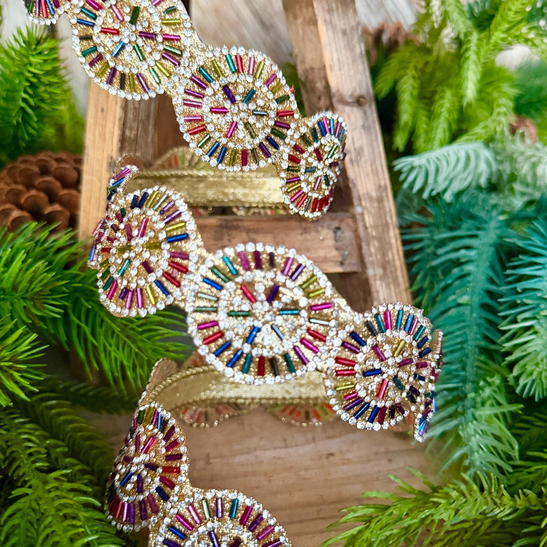 1.25" Jeweled Beaded Ribbon, Farrisilk Pinwheel Ribbon, Multi colored Ribbon, Christmas Ribbon, RK931-32