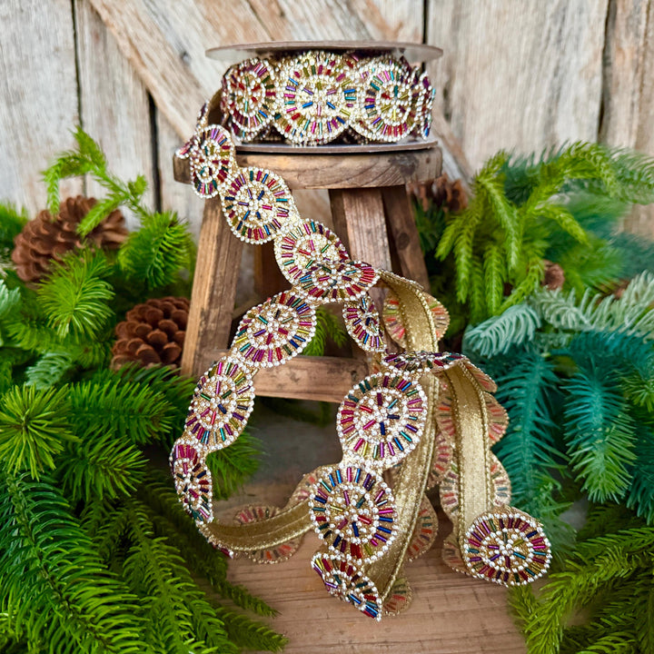 1.25" Jeweled Beaded Ribbon, Farrisilk Pinwheel Ribbon, Multi colored Ribbon, Christmas Ribbon, RK931-32