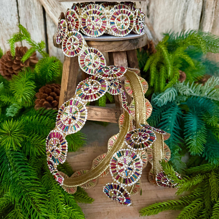 1.25" Jeweled Beaded Ribbon, Farrisilk Pinwheel Ribbon, Multi colored Ribbon, Christmas Ribbon, RK931-32