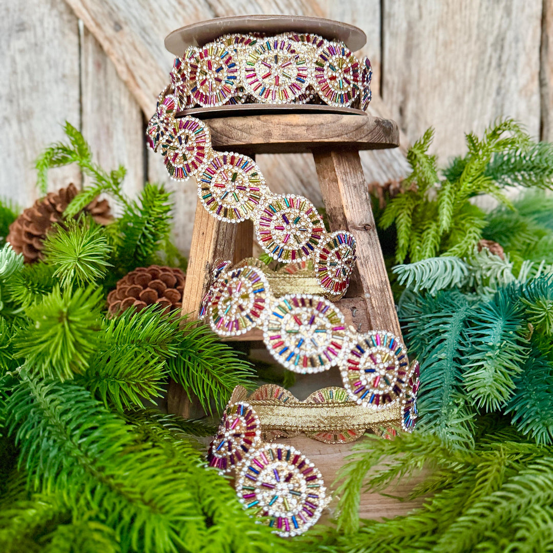 1.25" Jeweled Beaded Ribbon, Farrisilk Pinwheel Ribbon, Multi colored Ribbon, Christmas Ribbon, RK931-32
