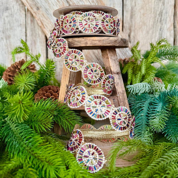 1.25" Jeweled Beaded Ribbon, Farrisilk Pinwheel Ribbon, Multi colored Ribbon, Christmas Ribbon, RK931-32