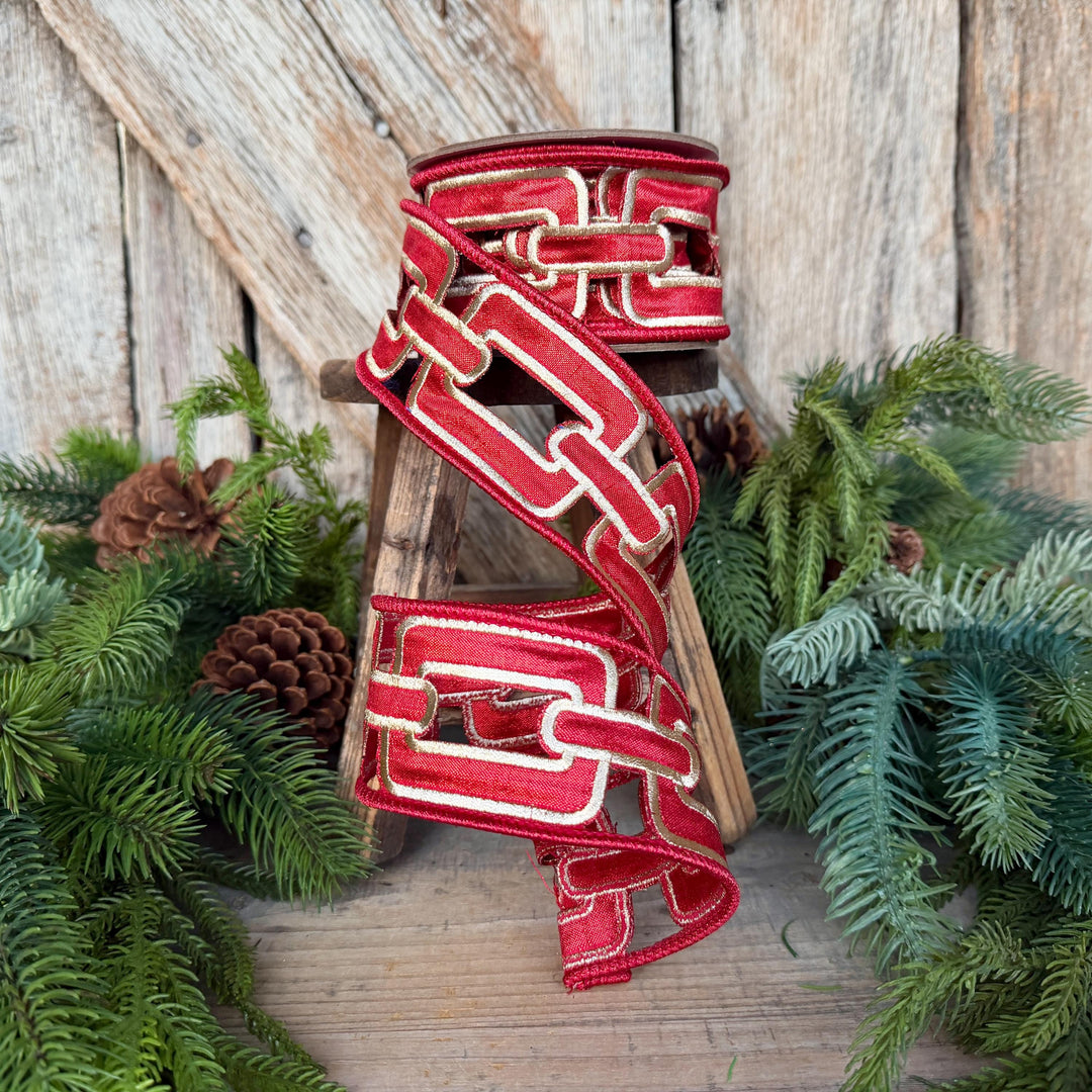 2.25" Red Christmas Chain Ribbon, Farrisilk Ribbon, Red Christmas Ribbon, RJ020-02