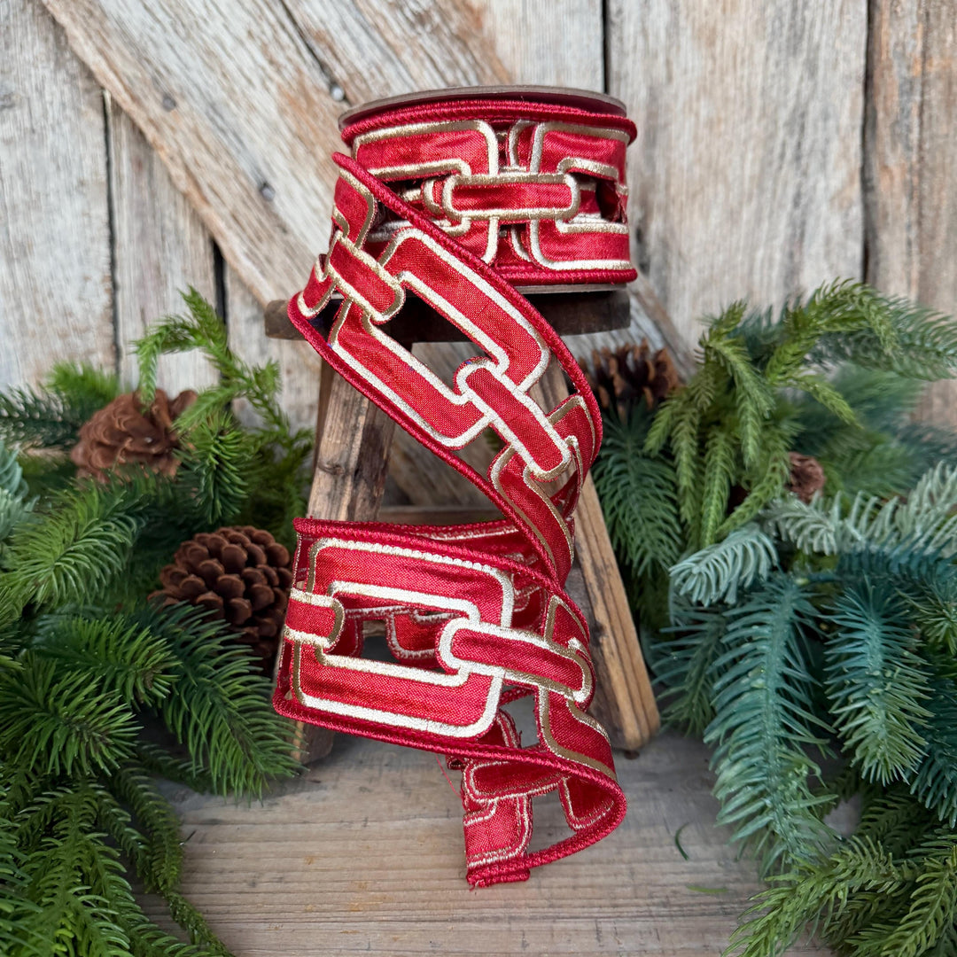 2.25" Red Christmas Chain Ribbon, Farrisilk Ribbon, Red Christmas Ribbon, RJ020-02