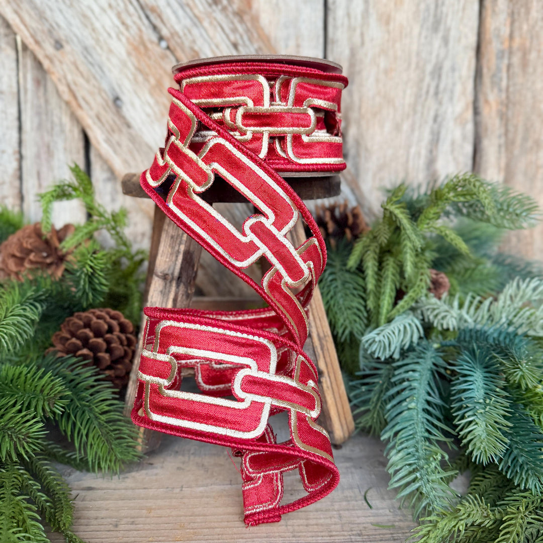 2.25" Red Christmas Chain Ribbon, Farrisilk Ribbon, Red Christmas Ribbon, RJ020-02