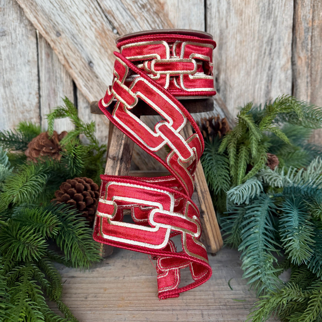 2.25" Red Christmas Chain Ribbon, Farrisilk Ribbon, Red Christmas Ribbon, RJ020-02