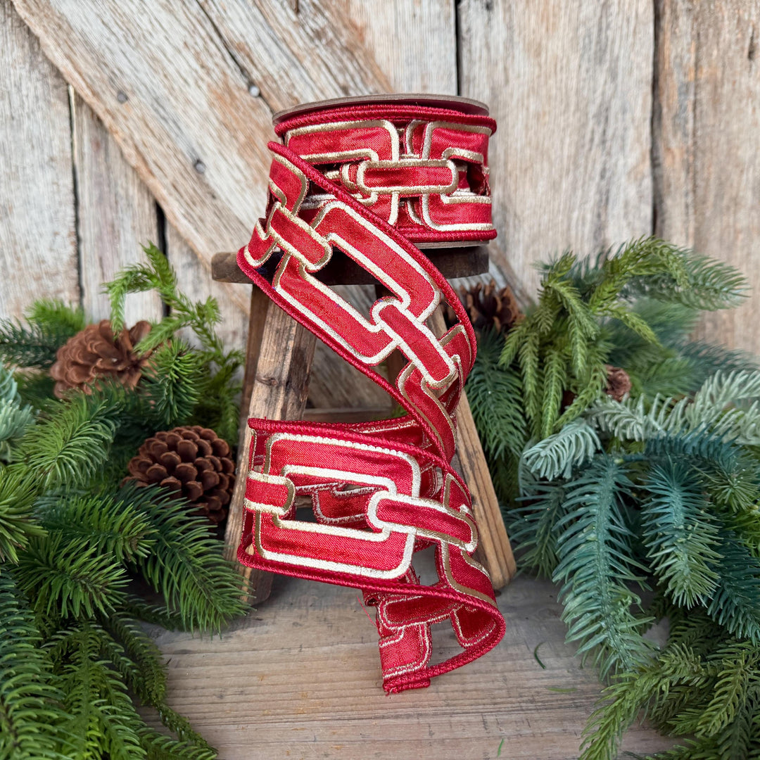 2.25" Red Christmas Chain Ribbon, Farrisilk Ribbon, Red Christmas Ribbon, RJ020-02