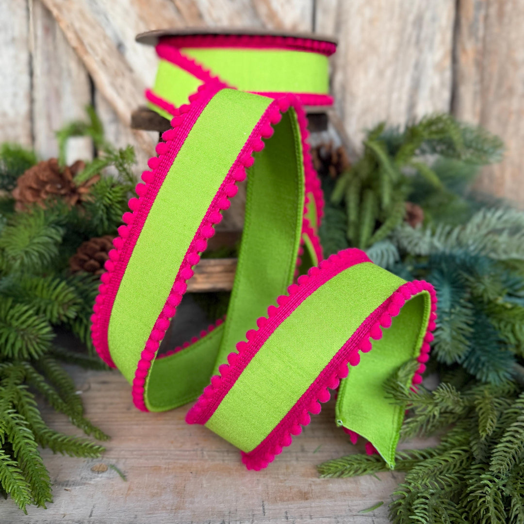 1.5" Lime Green Hot Pink Ribbon, Wired Ribbon