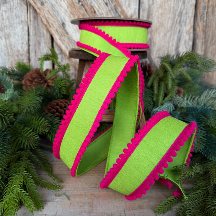 1.5" Lime Green Hot Pink Ribbon, Wired Ribbon, Designer Ribbon, Pom Pom Ribbon, 94596W-187-09D