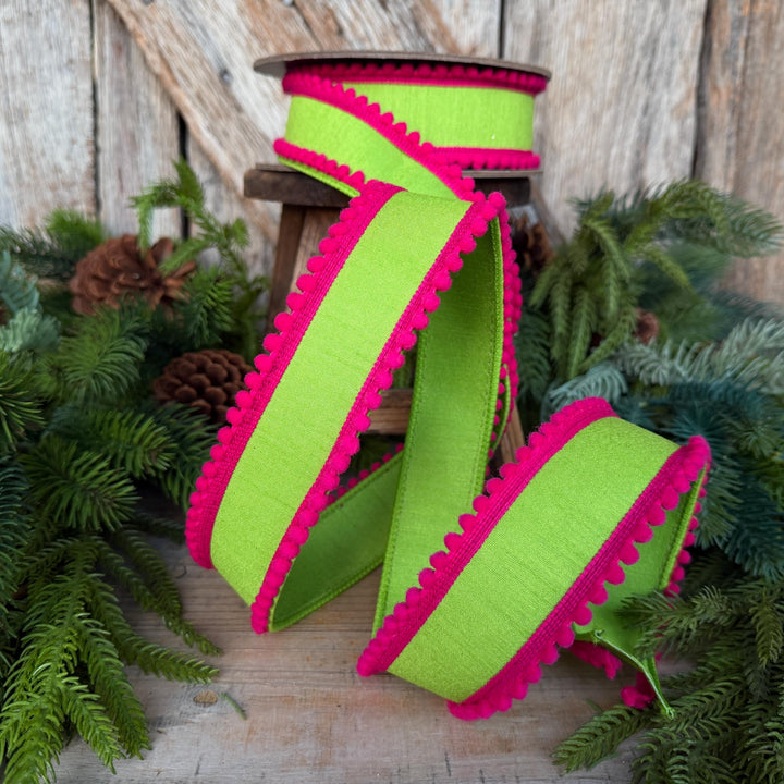 1.5" Lime Green Hot Pink Ribbon, Wired Ribbon, Designer Ribbon, Pom Pom Ribbon, 94596W-187-09D