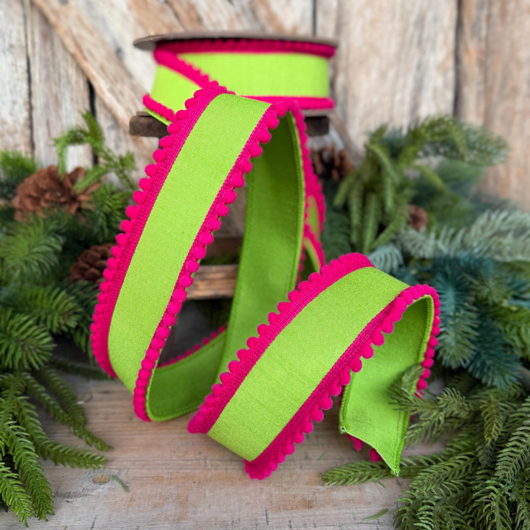 1.5" Lime Green Hot Pink Ribbon, Wired Ribbon, Designer Ribbon, Pom Pom Ribbon, 94596W-187-09D
