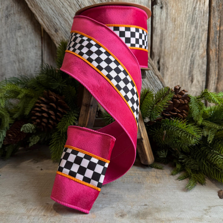 4" Halloween Ribbon, Checkered Ribbon, Hot Pink Orange Ribbon, Wired Ribbon