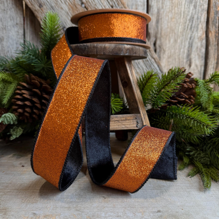 1.5" Orange Glitz Ribbon, Halloween Ribbon, Orange and Black Glitter Ribbon