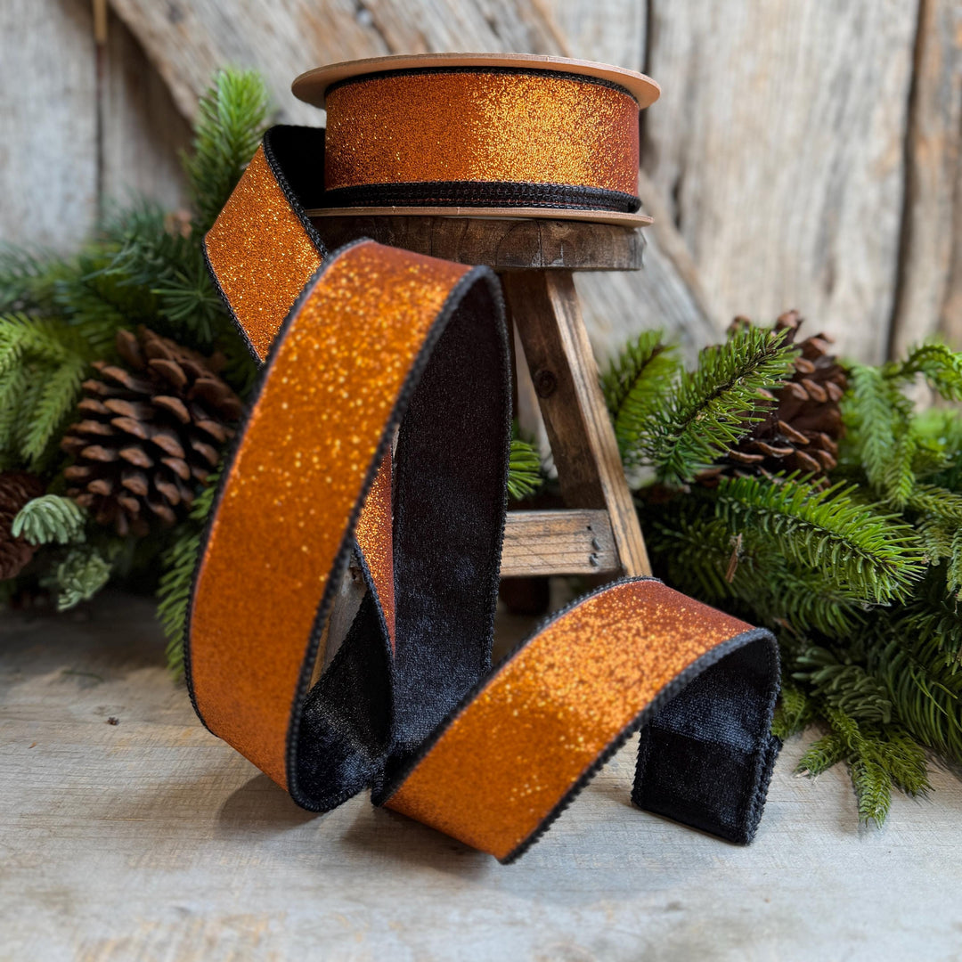 1.5" Orange Glitz Ribbon, Halloween Ribbon, Orange and Black Glitter Ribbon