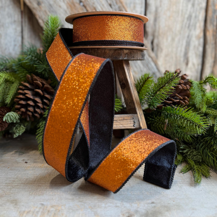 1.5" Orange Glitz Ribbon, Halloween Ribbon, Orange and Black Glitter Ribbon