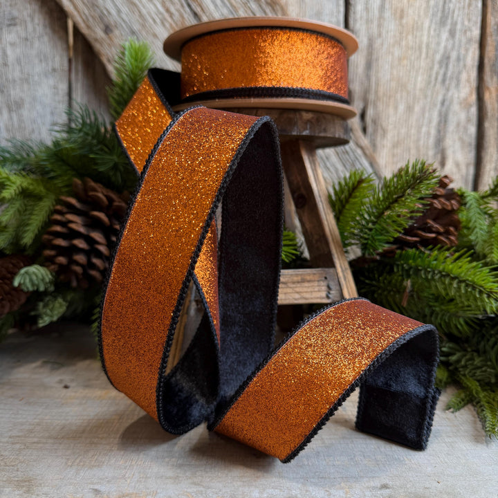 1.5" Orange Glitz Ribbon, Halloween Ribbon, Orange and Black Glitter Ribbon