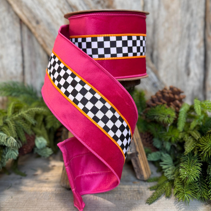 4" Halloween Ribbon, Checkered Ribbon, Hot Pink Orange Ribbon