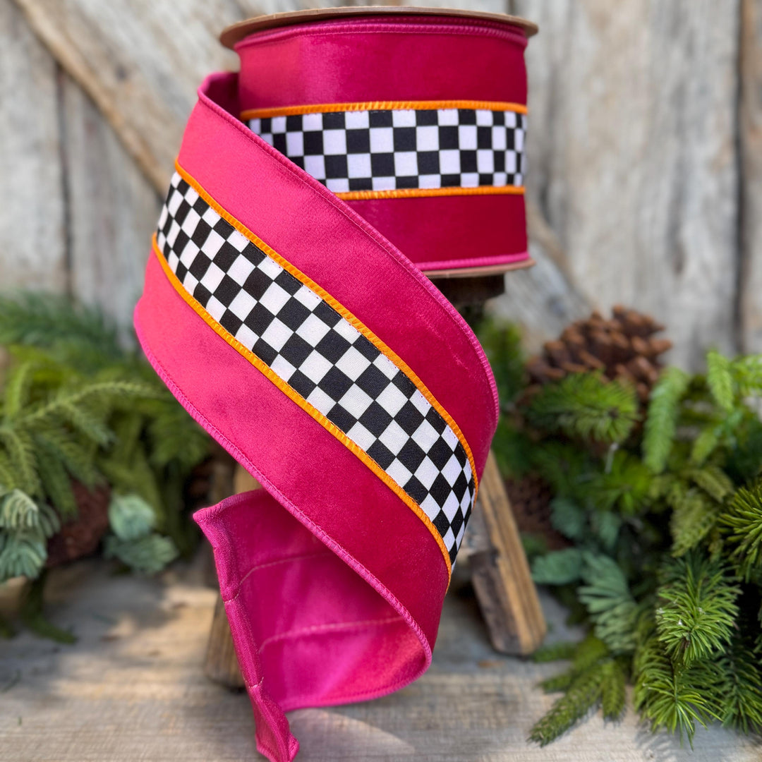 4" Halloween Ribbon, Checkered Ribbon, Hot Pink Orange Ribbon