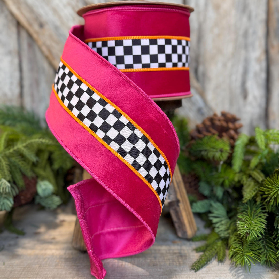 4" Halloween Ribbon, Checkered Ribbon, Hot Pink Orange Ribbon
