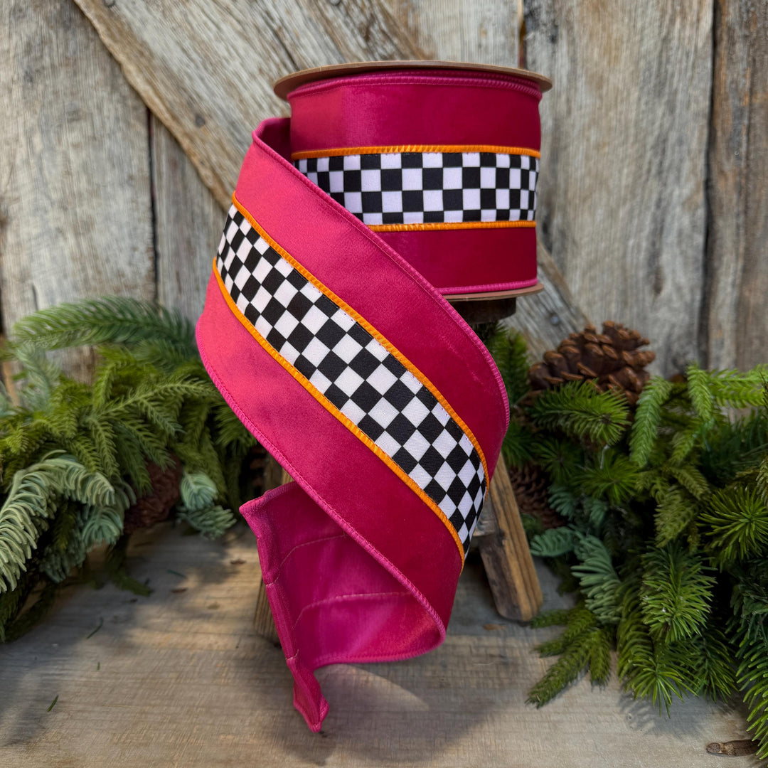 4" Halloween Ribbon, Checkered Ribbon, Hot Pink Orange Ribbon