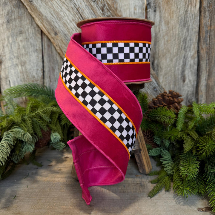4" Halloween Ribbon, Checkered Ribbon, Hot Pink Orange Ribbon
