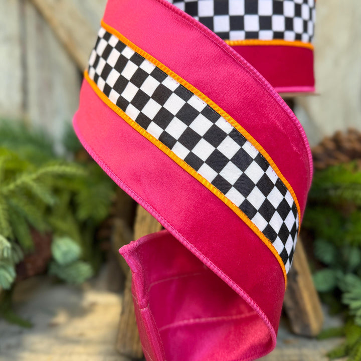 4" Halloween Ribbon, Checkered Ribbon, Hot Pink Orange Ribbon