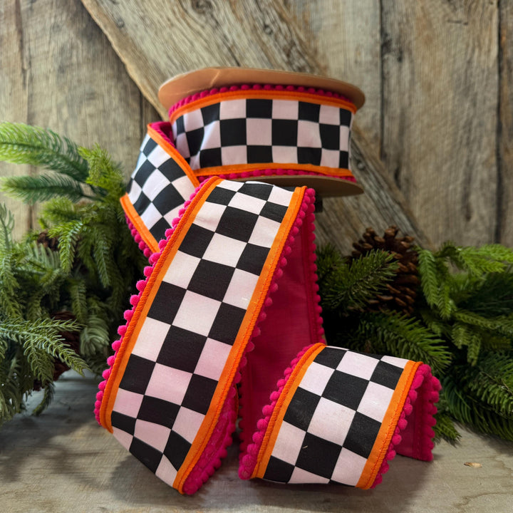 2.5" Halloween Ribbon, Checkered Ribbon, Hot Pink Orange Ribbon, Wired Ribbon, Black White Halloween Ribbon