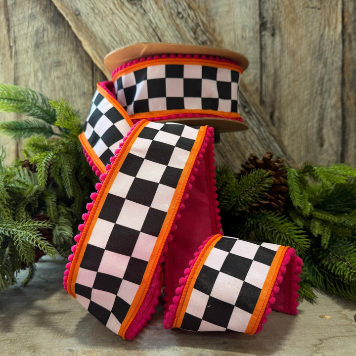 2.5" Halloween Ribbon, Checkered Ribbon, Hot Pink Orange Ribbon, Wired Ribbon, Black White Halloween Ribbon