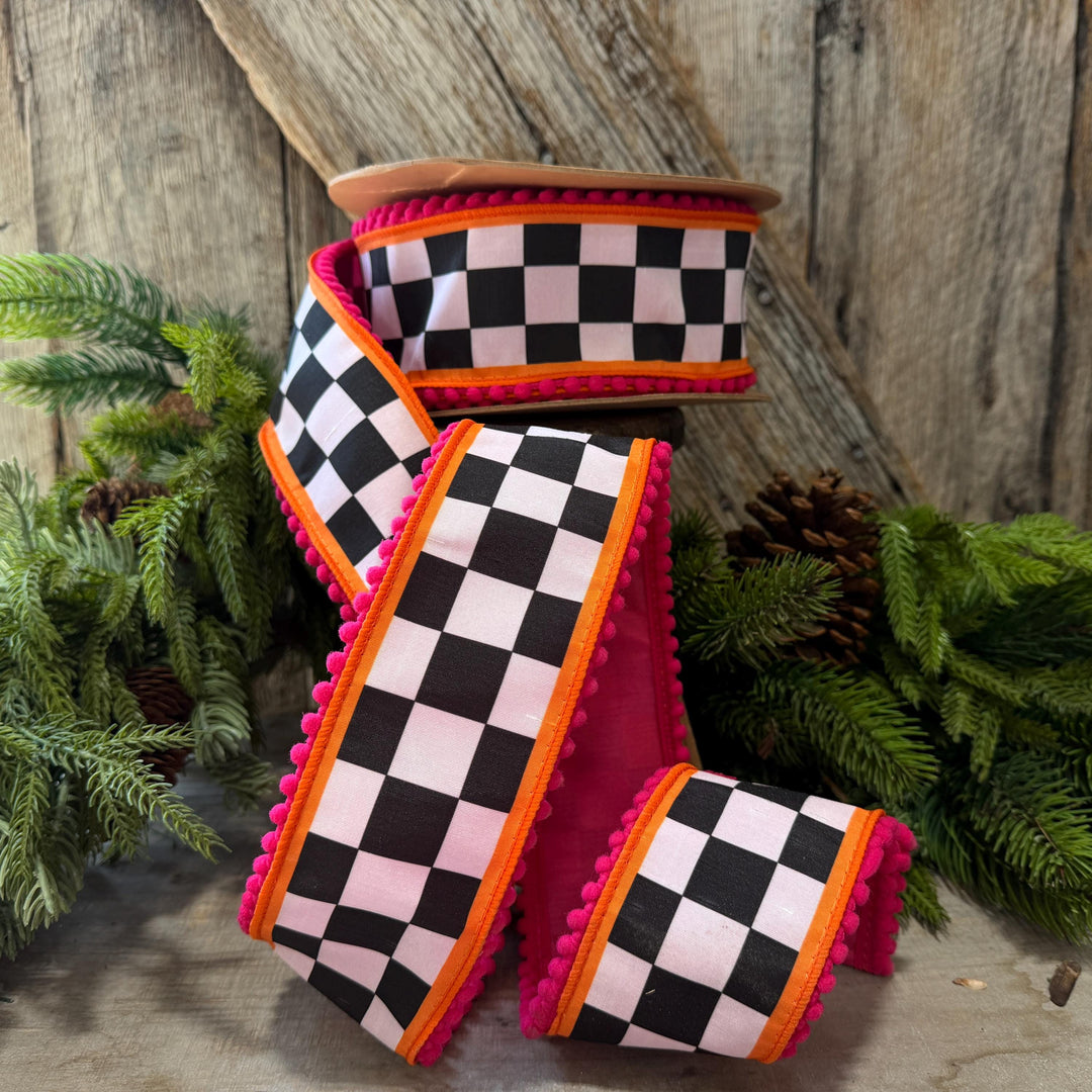 2.5" Halloween Ribbon, Checkered Ribbon, Hot Pink Orange Ribbon, Wired Ribbon, Black White Halloween Ribbon