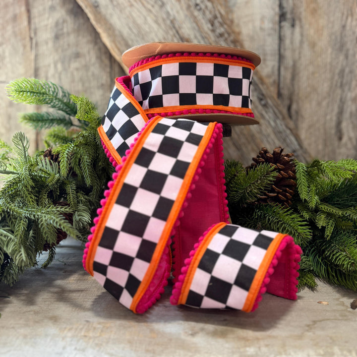 2.5" Halloween Ribbon, Checkered Ribbon, Hot Pink Orange Ribbon, Wired Ribbon, Black White Halloween Ribbon