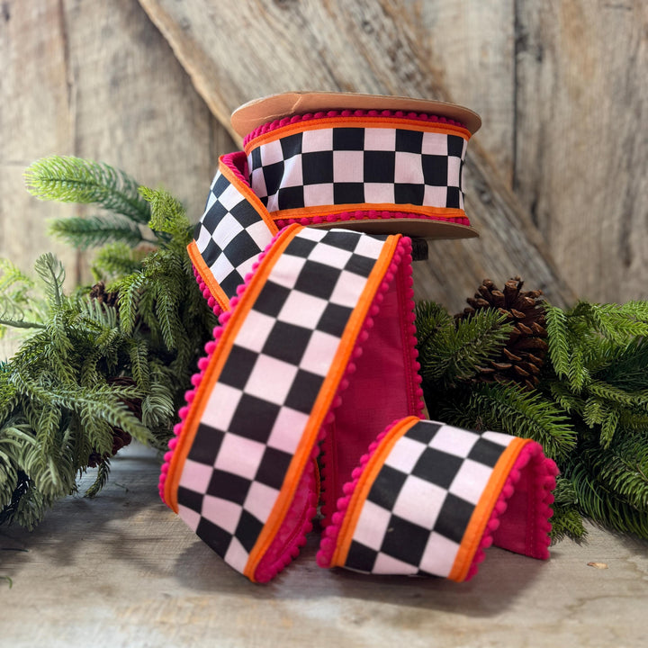 2.5" Halloween Ribbon, Checkered Ribbon, Hot Pink Orange Ribbon, Wired Ribbon, Black White Halloween Ribbon