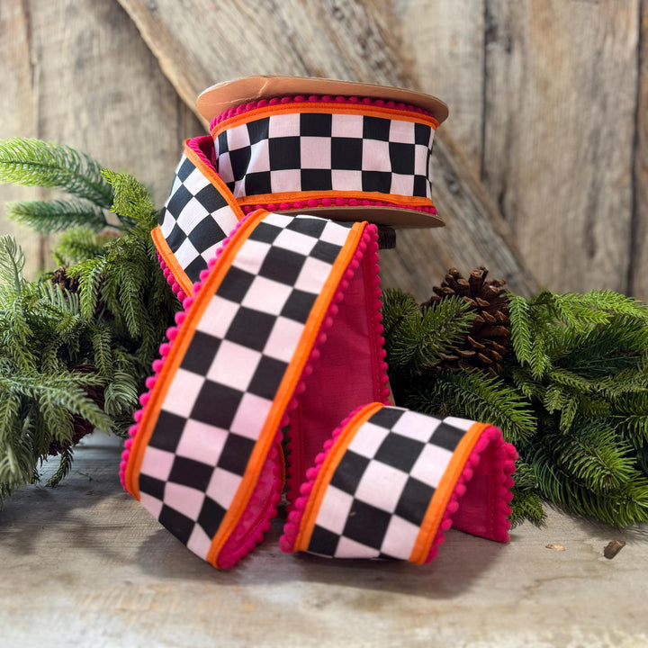 2.5" Halloween Ribbon, Checkered Ribbon, Hot Pink Orange Ribbon, Wired Ribbon, Black White Halloween Ribbon